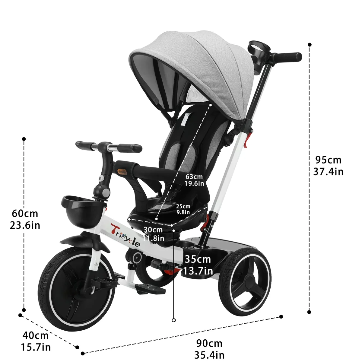 5-in-1 Kinderwagen Driewieler – Verstelbare Luifel, Duwstang en Veiligheidsharnas voor 1–5 Jaar - Afbeelding 3
