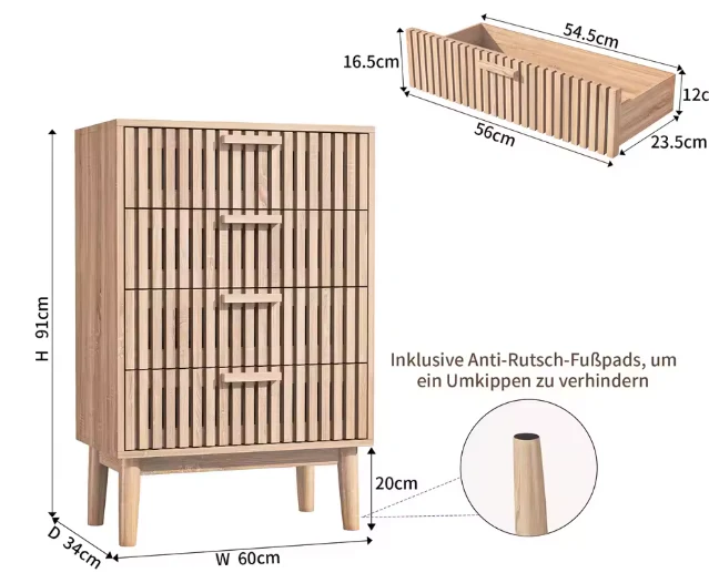 Houten Ladekast met 4 Lades – Opbergkast & Dressoir 60x34x91 cm - Afbeelding 3
