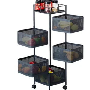 5-Laags Roterend Opbergrek met Wielen – Metalen Keuken Trolley