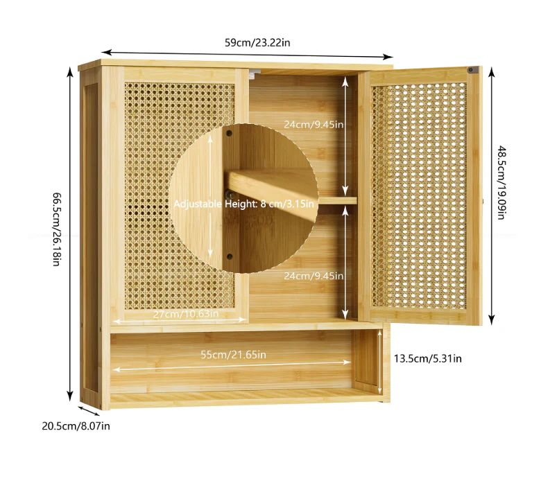 Bamboe Wandkast met 2 Deuren – Badkamer & Toiletkast met 3 Planken - Afbeelding 6