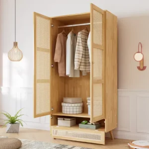 2-deurs Rotan Kledingkast met Kledingroede en Opbergruimte – Spaanplaat en PE-Rotan, Natuurlijk Design