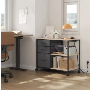 Archiefkast met Laadstation – 3 Stoffen Laden, Printertafel met Wielen, Houten Kantoorrolcontainer 80x66x40 cm