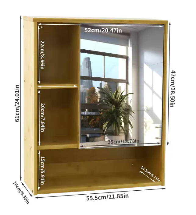 Bamboe Badkamerkast met Spiegel – Wandkast met Glazen Planken (55,5×16×61 cm) - Afbeelding 2