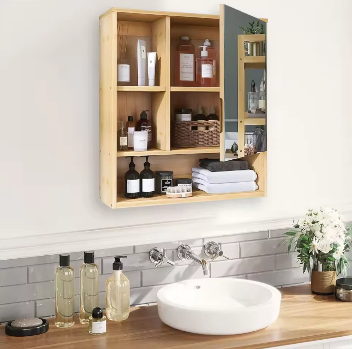 Bamboe Badkamerkast met Spiegel – Wandkast met Glazen Planken (55,5×16×61 cm) - Afbeelding 4