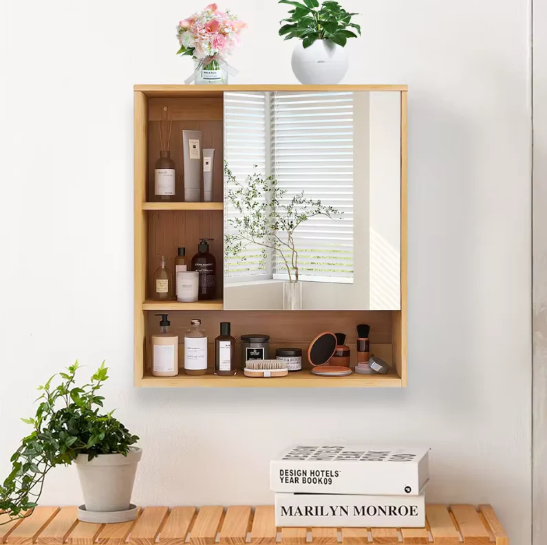 Bamboe Badkamerkast met Spiegel – Wandkast met Glazen Planken (55,5×16×61 cm) - Afbeelding 5