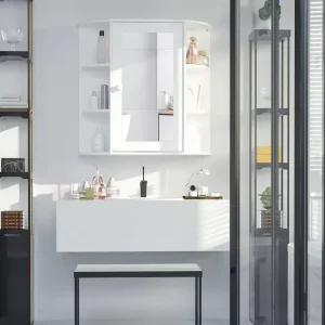 Witte Badkamerkast met Spiegel – Wandkast met 8 Vakken (66×17×63 cm)