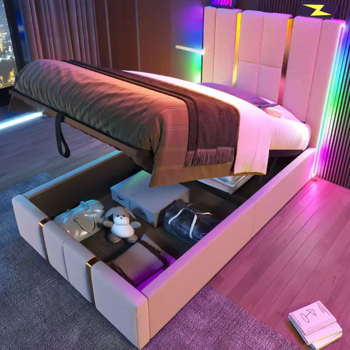 Gestoffeerd Eenpersoonsbed 90 × 200 cm – Met LED-verlichting, USB-C Oplaadfunctie, App-bediening en Lattenbodem - Afbeelding 2