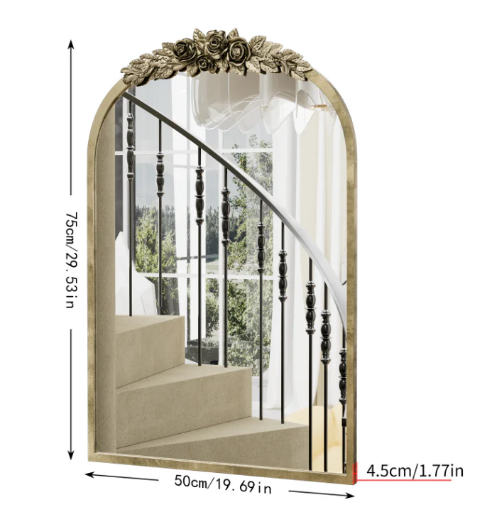 Boogvormige Wandspiegel met Antieke Messing Look – Decoratieve Spiegel met Rozenornament - Afbeelding 3