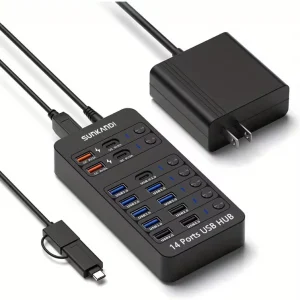 14-in-1 USB Hub met Voeding – USB 3.0/2.0 Data Hub met Individuele Schakelaars en LED
