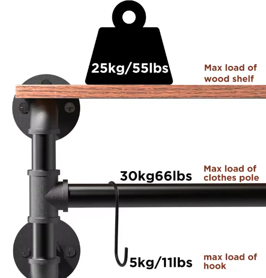 Industriële Pijp Kledingrek met Plank – Muurmontage Kledinghanger - Afbeelding 4