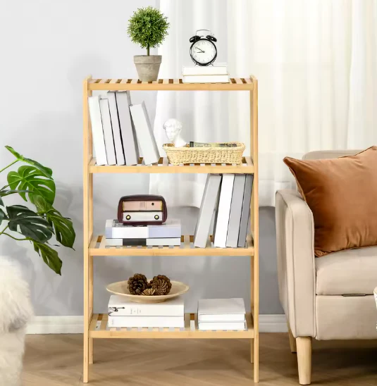 Bamboe Boekenkast met 4 Lagen – Duurzame Multifunctionele Opbergkast voor Badkamer, Woonkamer of Hal, 62x33x112 cm - Afbeelding 4
