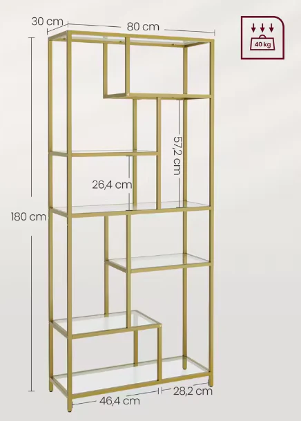6-laagse Boekenplank met Geharde Glazen Planken – Stabiel Stalen Frame, Ruime Opberg- en Displaykast - Afbeelding 4
