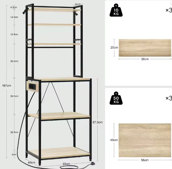 6-laags Keukenopbergrek met Stopcontact – Staande Plank voor Magnetron en Organizer - Afbeelding 6