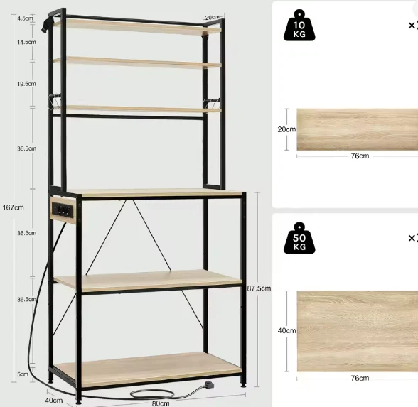 6-laags Keukenopbergrek met Stopcontact – Staande Plank voor Magnetron en Organizer - Afbeelding 3