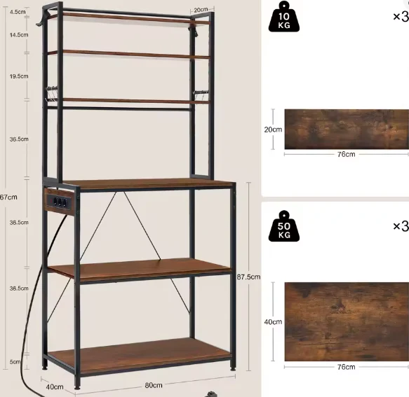6-laags Keukenopbergrek met Stopcontact – Staande Plank voor Magnetron en Organizer - Afbeelding 7