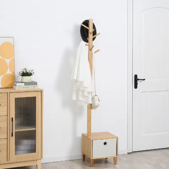 Bamboe Kapstok met Bank, Lade en 8 Haken – Compact en Functioneel - Afbeelding 4