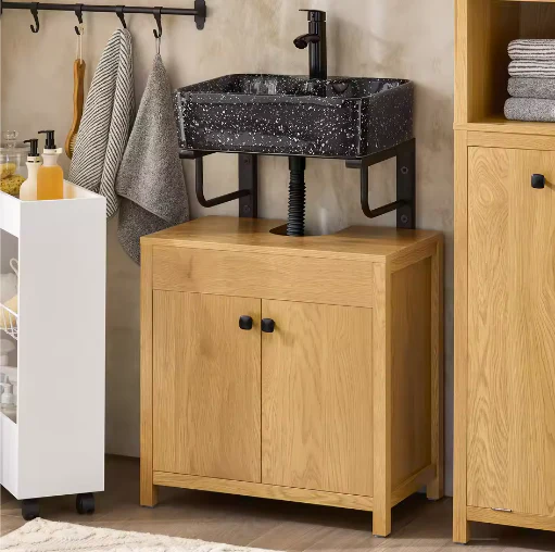 Wastafel Onderkast Badkamer – 2-Deurs Opbergkast met Verstelbare Plank, Natuurlijke Look 60×60×35 cm - Afbeelding 5