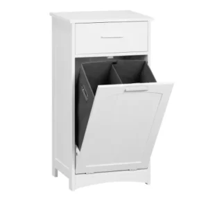 Witte Badkamerkast met Uitklapbare Wasmand – Slanke Opbergkast voor Badkamer en Toiletruimte (42 × 82 × 30 cm)