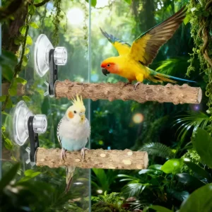 Houten Vogelbaars met Zuignap voor Raam, Spiegel en Douche – Natuurlijke Zitstok voor Huisdier Vogels