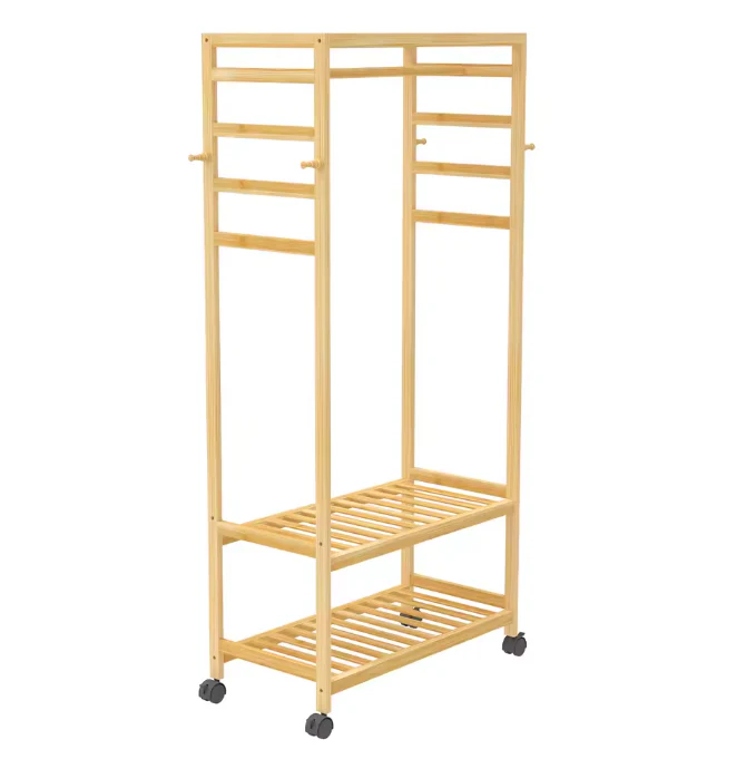 Rollend Bamboe Kledingrek – Open Kledingkast met Plank, Haken en Wielen - Afbeelding 9